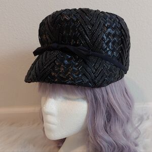 Vintage 1960s Mod Navy Woven Raffia Bubble Hat